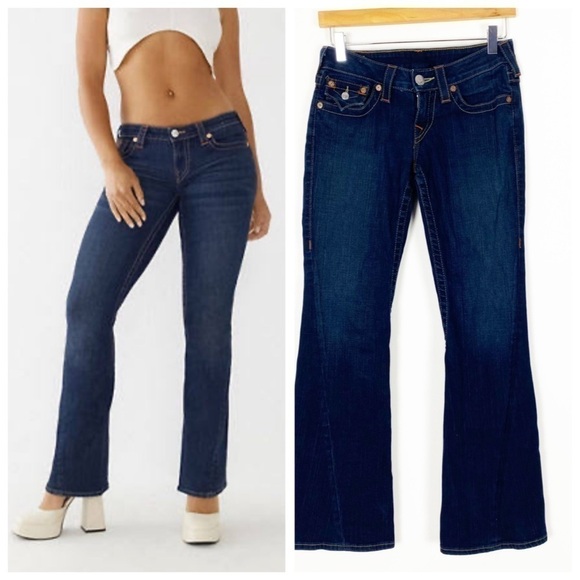 TRUE RELIGION Big T Flare Leg Low Rise Jeans Size 26 Dark Wash Boho Casual - Picture 1 of 10